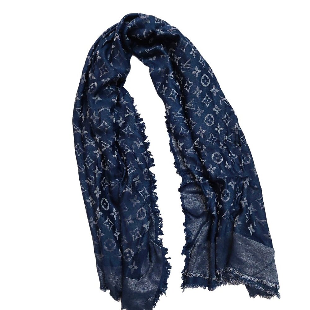 LOUIS VUITTON Vintage Iridescent Midnight Blue Silver Silk Wool Scarf Shawl Wrap - Picture 3 of 10